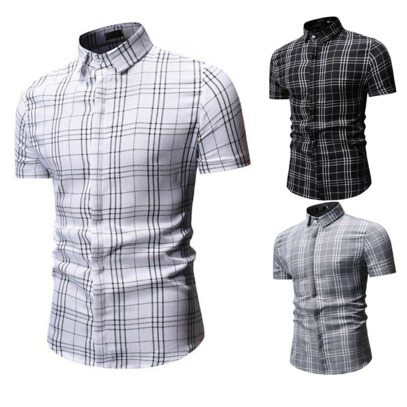 

Fashion Men's Button-down Business Casual Dress Shirt Mens Plaid Short Sleeve Shirts Top Tee, Black