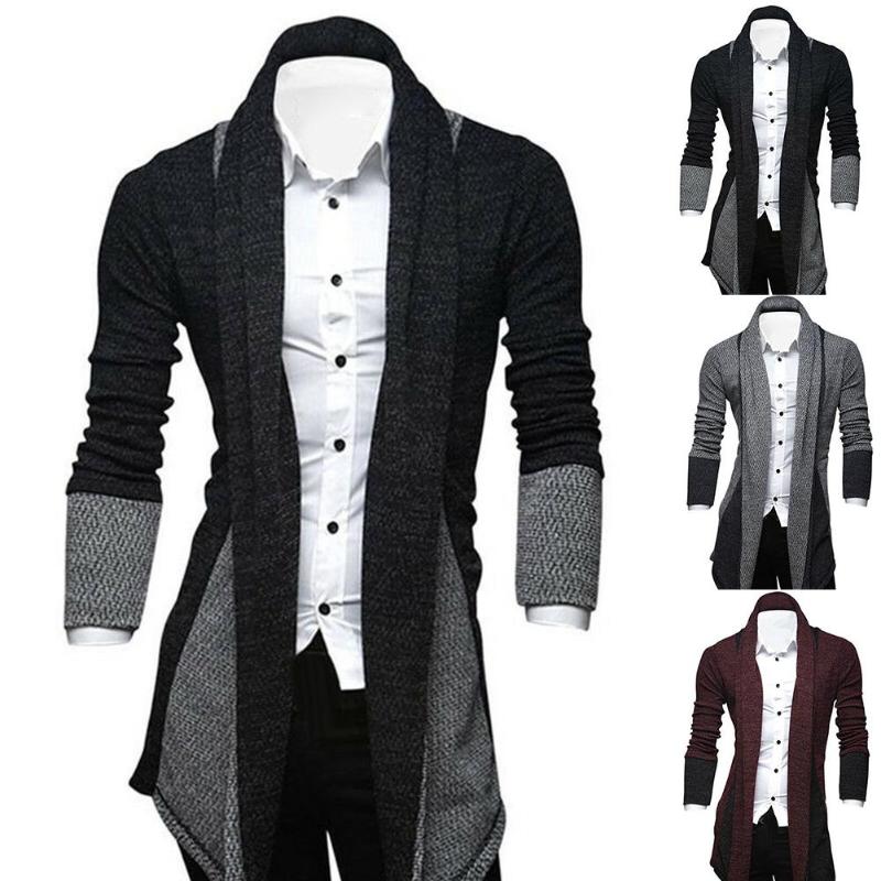 

Men Long Sleeve Color Blocks Patchwork Knitted Loose Plus Size Long Coat Cardigan Suitable for work travel, Wine red