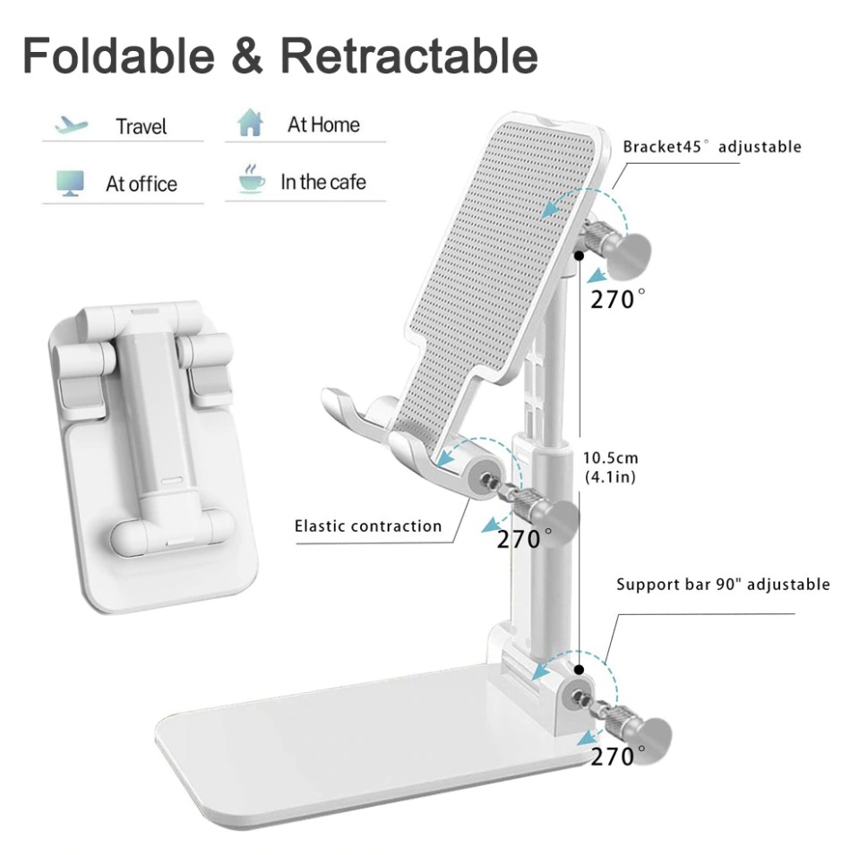 

Adjustable Telescopic Mobile Phone Cradle Stand Desktop Holder Portable Table Desk Mount Live Broadcast Metal Bracket For iPhone iPad Tab, White