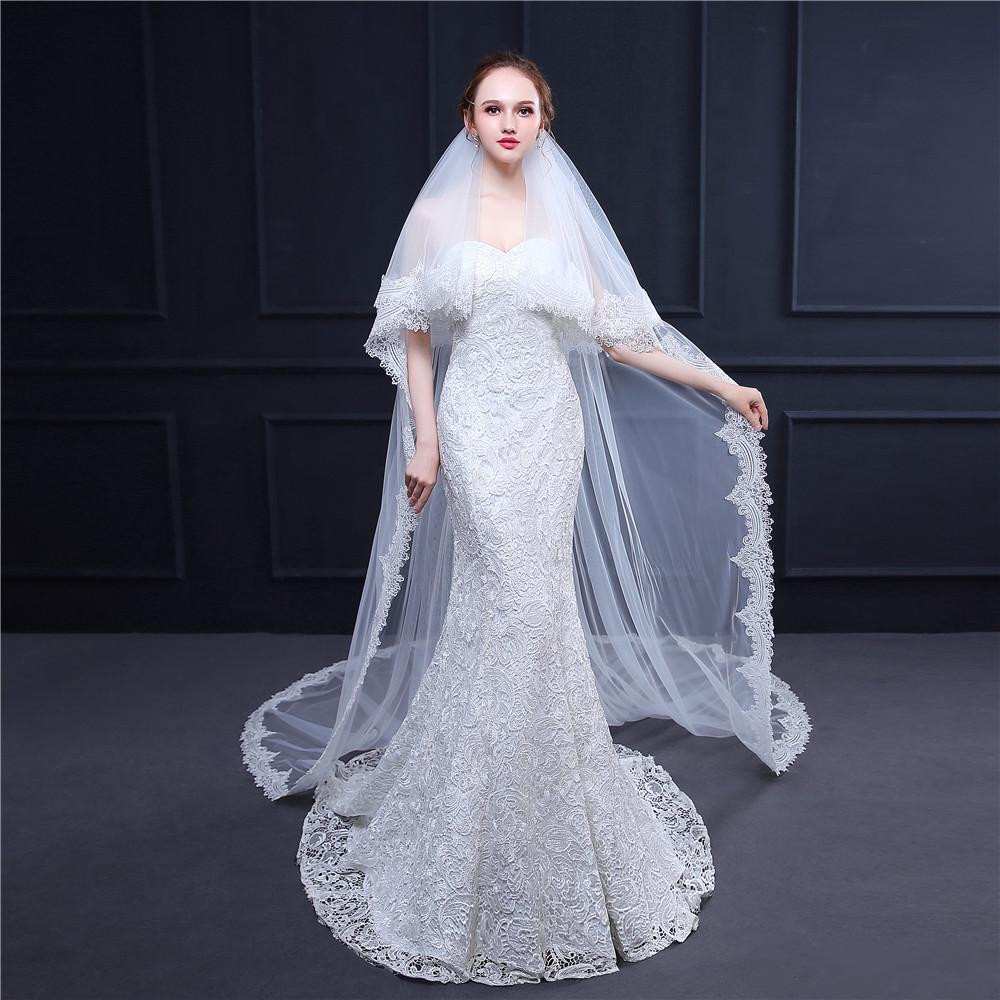 

Fashion Wedding Veils Cathedral Garden Wedding Veil with Comb Elegant Wedding Veils White Ivory Bridal Veil with blusher 2 Layers Lace Edge