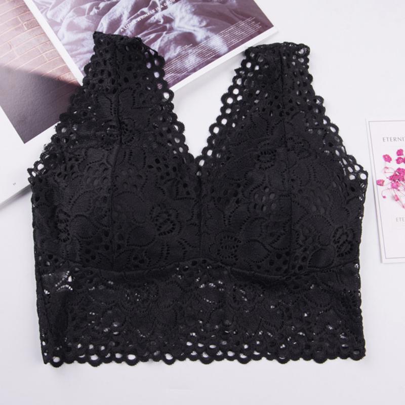 

Crochet Floral Women Tank Top Bra Vest Underwear Gather Padded Wire Free Lace Breathable Nylon Sexy Beautiful Back, Black