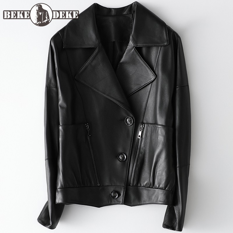 

2020 Autumn Fashion Women Genuine Leather Jacket Streetwear Lapel Single Breasted Sheepskin Coat Ladies Motorcycle Short Jackets, Black