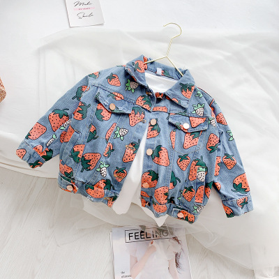 

Children Designer Autumn Jackets Girls Strawberry Print Coat New Kids Casual Jackets Girls Print Preppy Style Coats Child Trend Style, Blue