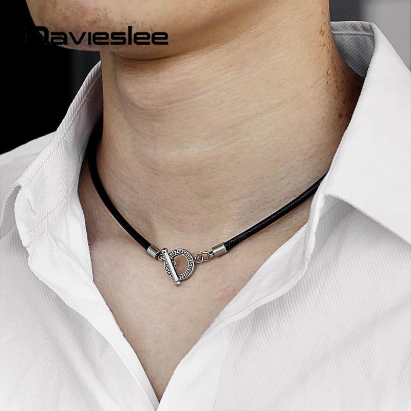 

4mm Mens Necklace Braided Rope Unique Toggle Clasp Simple Black Man-made Leather Necklace for Men Jewelry Gifts Black LDN128