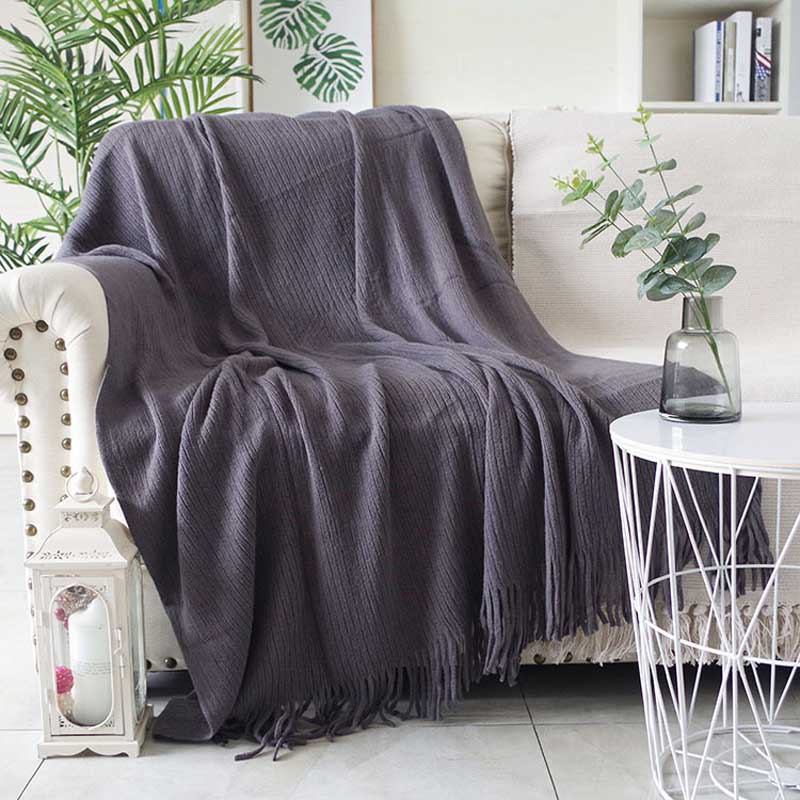 

Soft Casual Decor Bed End Blanket Multifunction Sofa Towel Solid Colors Tassel Cozy Stripe Knit Blanket for Travel Airplane Car