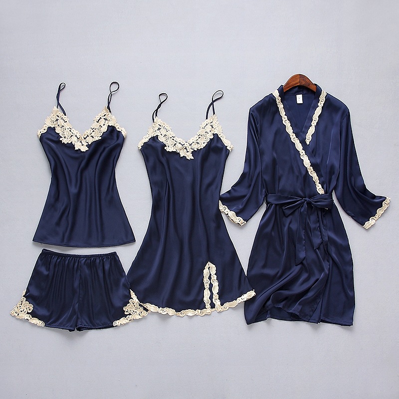 

Pink Female Nightwear Kimono Gown Intimate Lingerie 2020 Summer New Sleepwear Home Clothing Satin Casual 4pcs Sleep Set