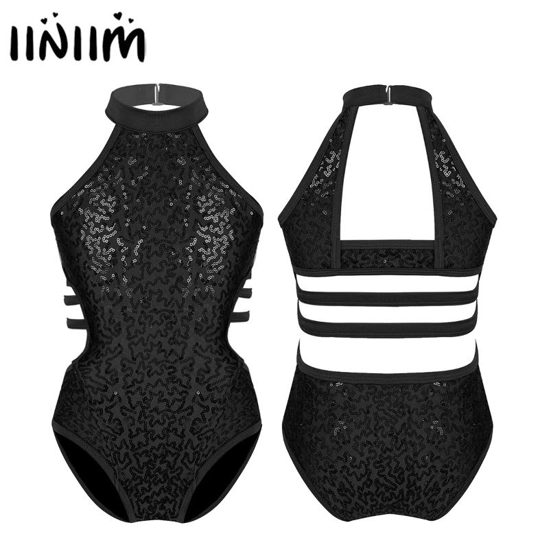 

Teen Kids Ballerina Dancewear Sparkly Sequins Cutouts Back Strappy Waist Ballet Dance Wear Gymnastics Leotard for Girls Costume, Black