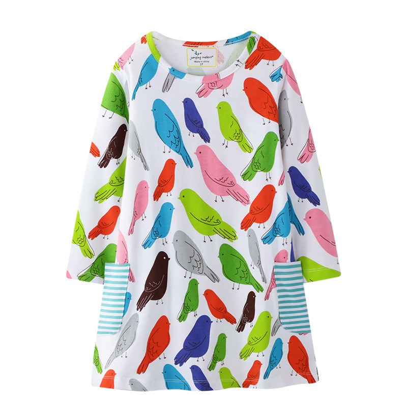 

Jumping Meters Baby Girls Clothes With Birds Print Autumn Spring Pockets Princess Dresses New Kids Birthday Gift School Dresses, T7621 birds