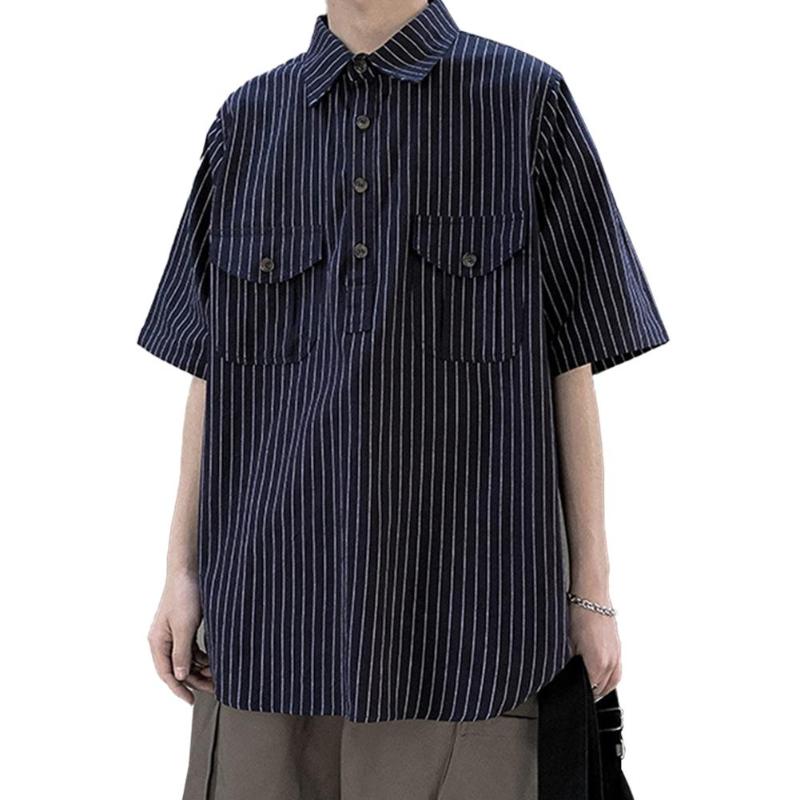 

Striped Short Sleeves Shirt Pocket Button Summer Men Loose Casual Top Workwear, Black