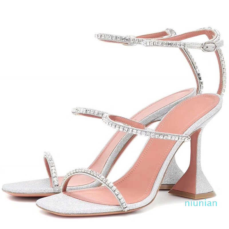 

Hot Sale-2020 Summer Hot Sandal Shoe Strange Cup Heel 3 Rhinestone Strap Sandal Spike-heels Party Women Shoe Wedding Shoes, Black