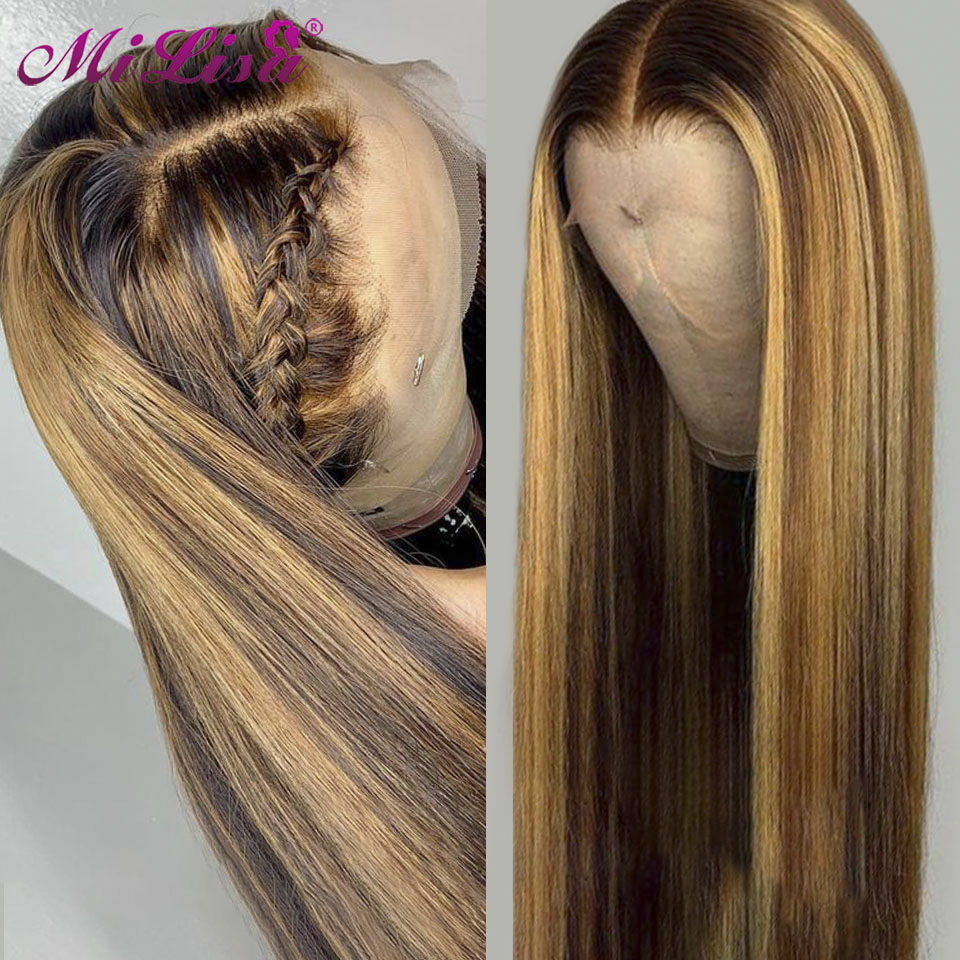 

26 inch Ombre Human Hair Wigs Brown Honey Blonde Lace Front Wigs For Black Women Mi Lisa Brazilian Straight Remy Highlight Wig
