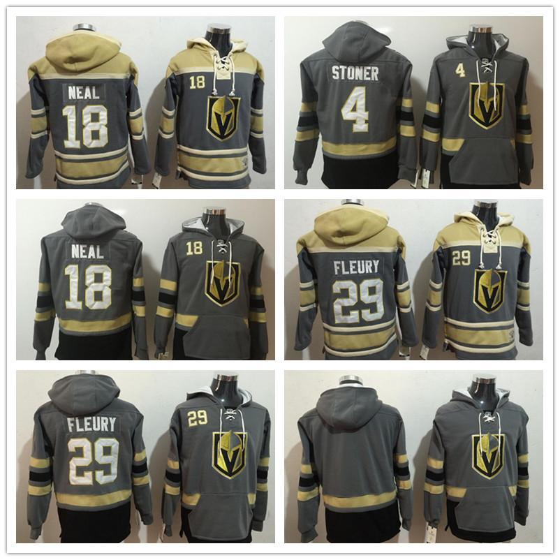 

2018 Men's Sweatshirt Las Vegas Golden Knights 29 Marc-Andre Fleury 18 James Neal Blank Grey Yellow Hockey Hoodie Top Quality, Black;red