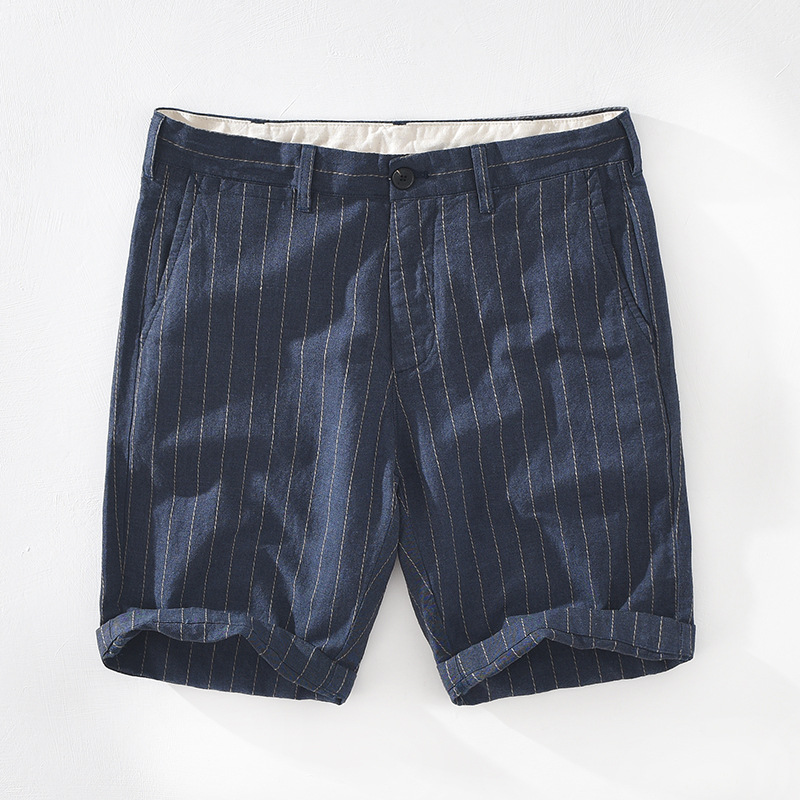 

Hot Newest Summer Casual Shorts Men's Cotton Linen Fashion Style Man Breathable Soft Shorts Plus Size Stripe Casual Male, Blue