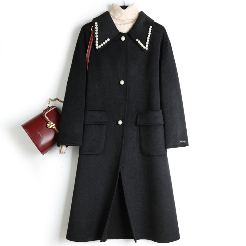 

2020 new han edition black pearl single-breasted double-sided wool coat female long over-the-knee cloth coat