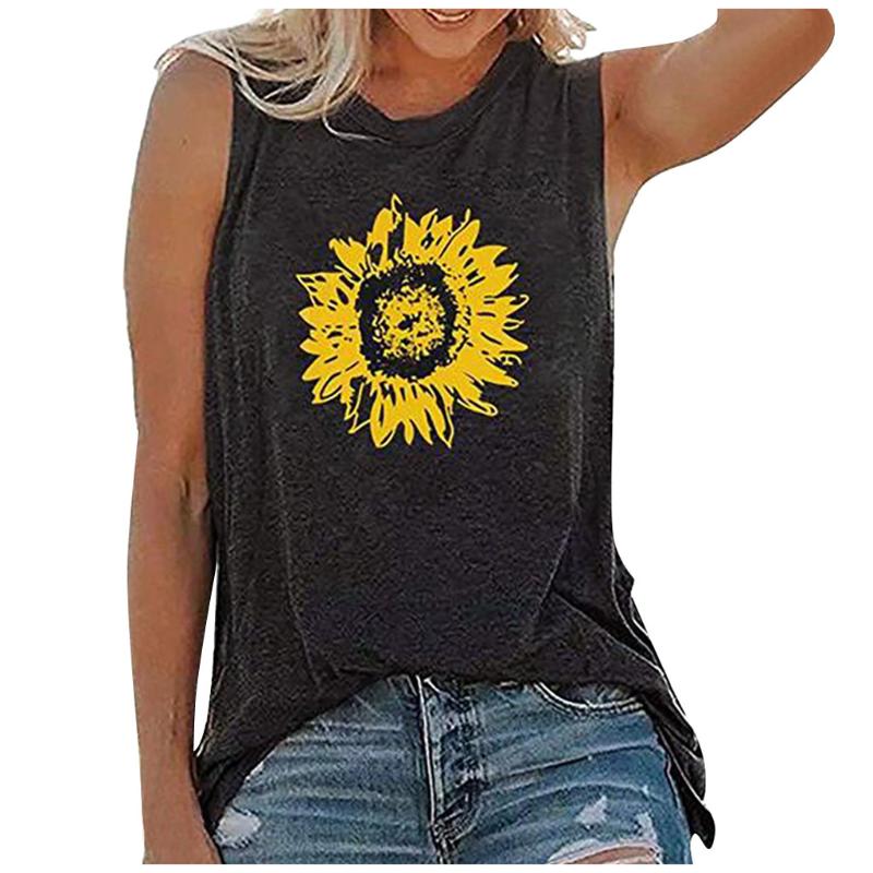 

Women Camisa Yoga Tops Sunflower Printing Fashion O-Neck Sleeveless Vest Summer Harajuku Casual T-shirt Tops Streetwear 2020, Black