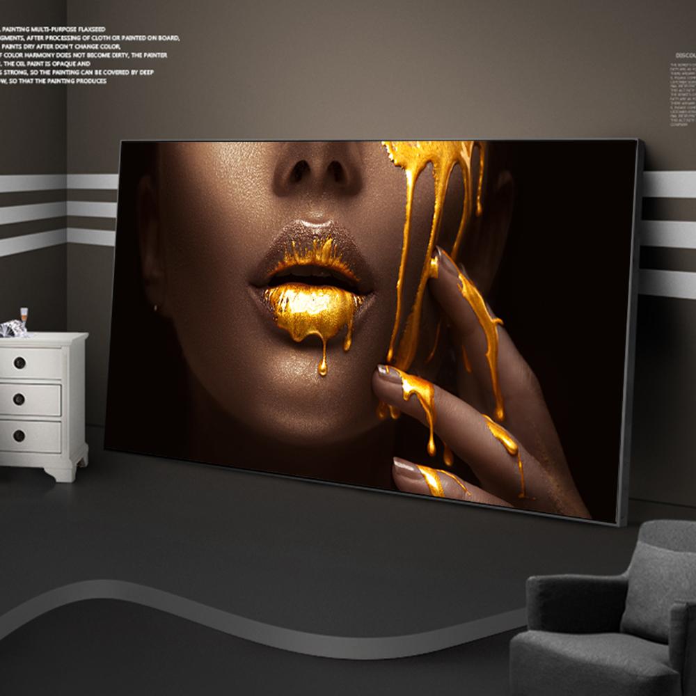 

Large African Woman Face Canvas Art Posters And Prints Golden Sexy Lips Canvas Paintings On the Wall Art Picture For Living Room