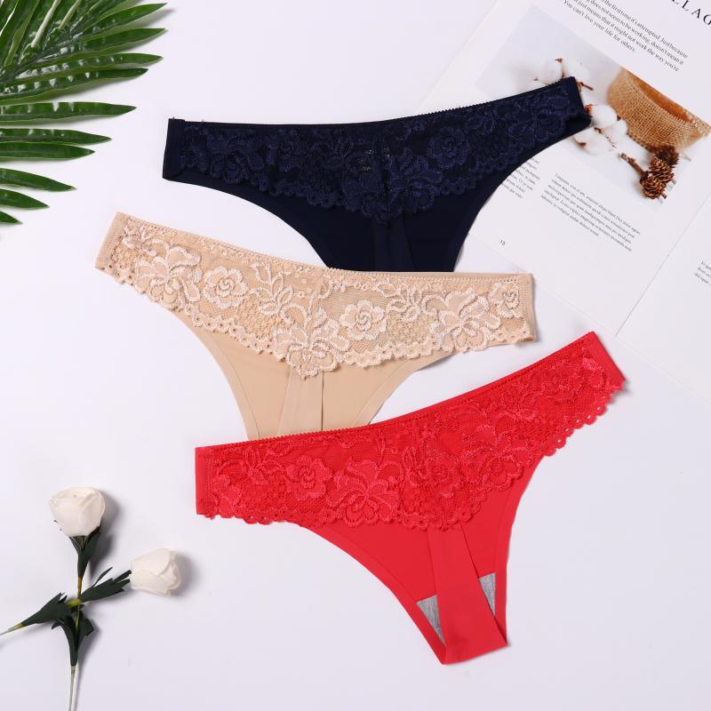 

1PC Sexy Women G-string Thongs Lace Floral Sheer Low Waist Underwear Seamless Panties Soft Ladies Lingerie Ice Silk Briefs, Style 2