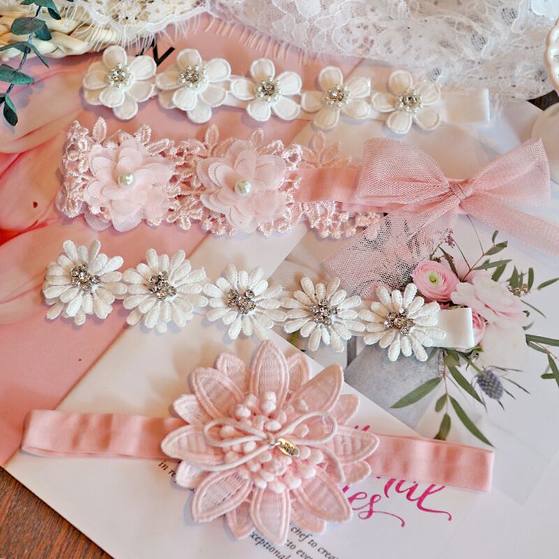 

CN New Baby Headband Lace Pearl Flower Bows Hairbands Elastic Baby Hair Band Turban Headbands Newborn Hair Accessories