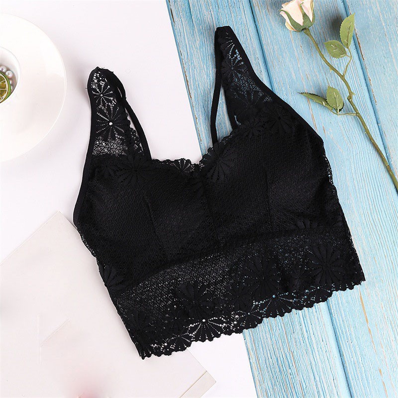 

Women Wide Shoulder Straps Lace Trim Underwear Summer Breathable Hollow Out Mesh Tube Top Underwear, Black
