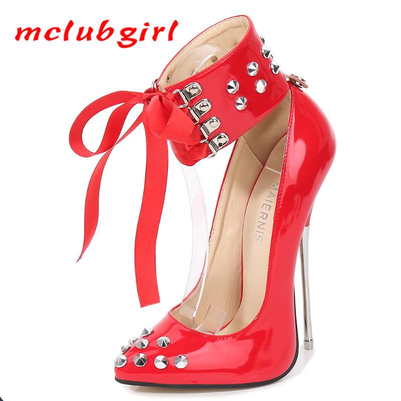 

MCLUBGIRL 16cm Super HIgh Heels Nightclub Large High Heels RIVET Women's Shoes Red Club Sexy Rivet Pumps WZ, Pink