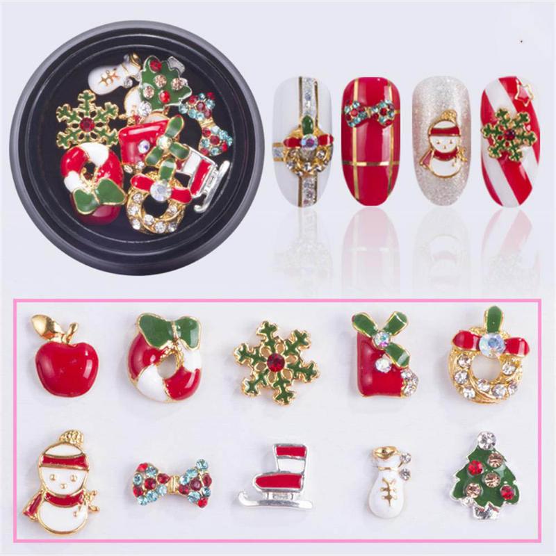 

10 Designs/box Alloy Metal Snowman Nail Rhinestones Christmas DIY 3D Nail Art Decorations Charms Accessories Tools