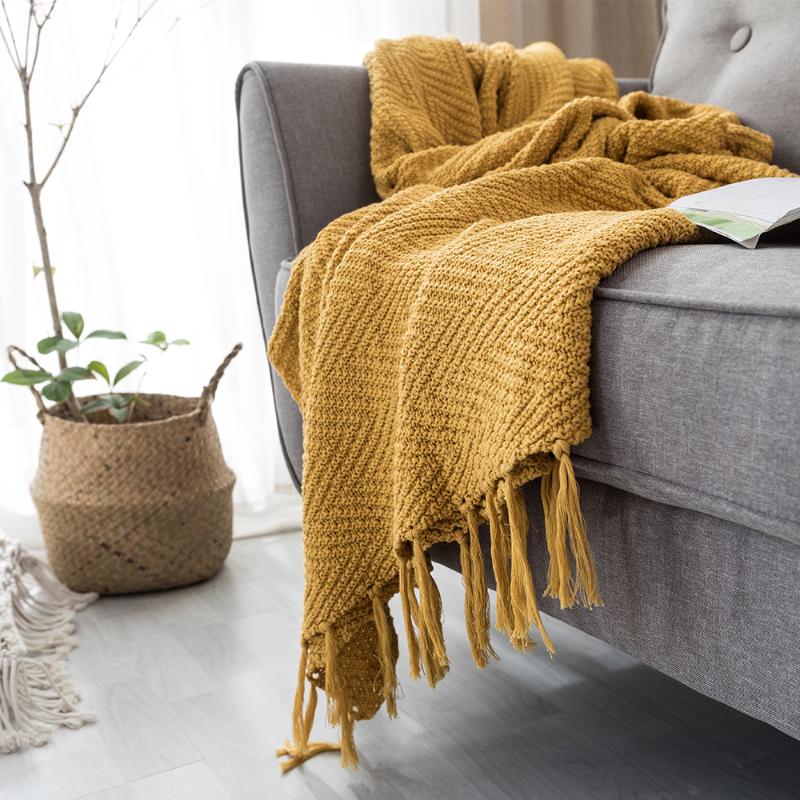 

Yellow Sofa Knit Throw Blanket with Tassels Office Nap Air-conditioning Thread Blanket for Bed Sofa Chair Bedding Coverlet