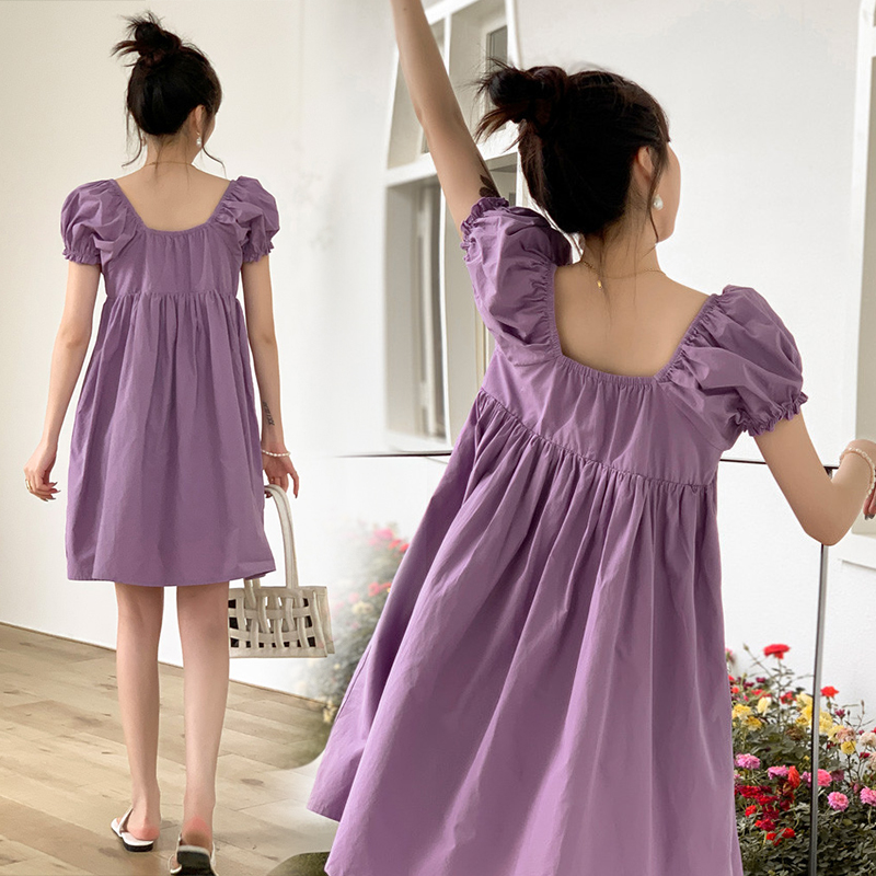 

6535# Maternity Dress Summer Cotton Short Sleeve Loose Stylish Solid Color Dress for Pregnant Women Mom, Lavender