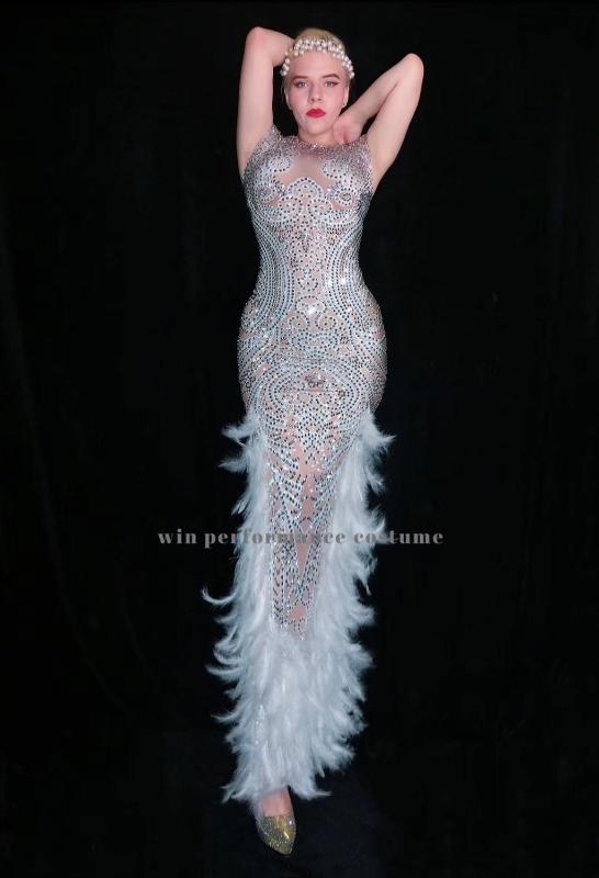 

long floorlength evening-dress feather sleeless gown Sequin Bling formal Prom Party cherrykeke10273, White