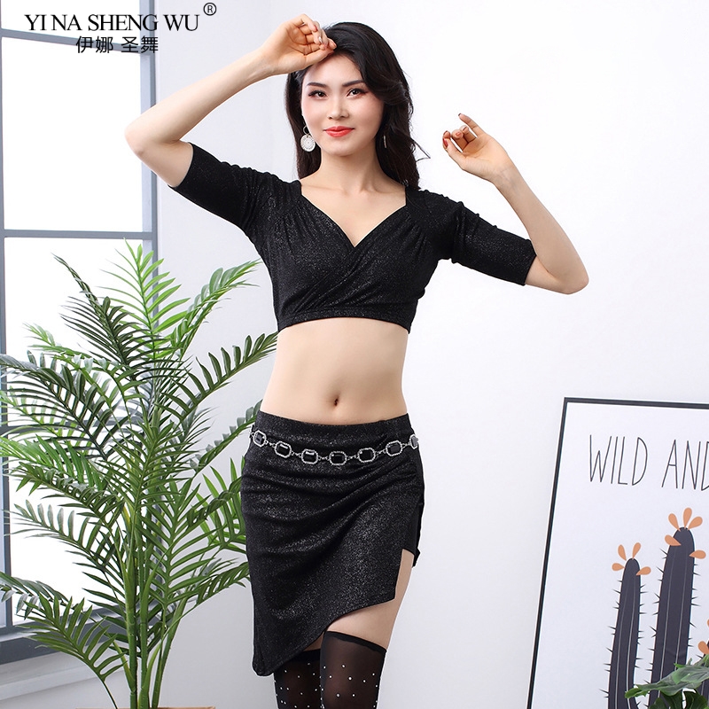 

Women Belly Dance Costume Practice Set Sexy Top+ Short Skirt Oriental Dance Bight Knit Dress Suit Show Clothing Team Dancewear, Waist chain