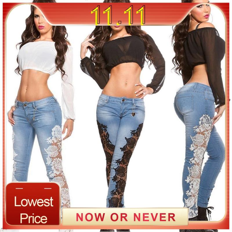 

2020 Women Jean Faux Denim Jeans Ladies Seamless Floral Print Sexy Full Trousers Plus Size Streetwear Jean Taille Haute, White