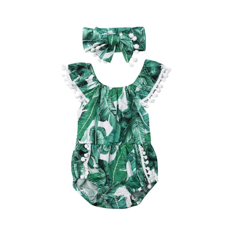 

0-24M Summer Newborn Baby Girl Clothes Sleeveless Palm Leaf Print Tassel Romper Jumpsuit Headband 2Pcs Outfits Clothes, As pic
