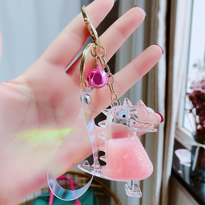 

Floating Creative cute dinosaur acrylic milk bottle Keychain Moving Liquid quicksand drift bottle keyring for women bag pendant