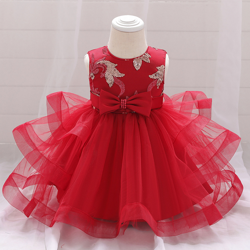 

Autumn 2020 New Girls Embroidery Sequin Sleeveless Puffyskirt Little Girl Bowknot Mesh Princess Dress Children Photography Dress, Red