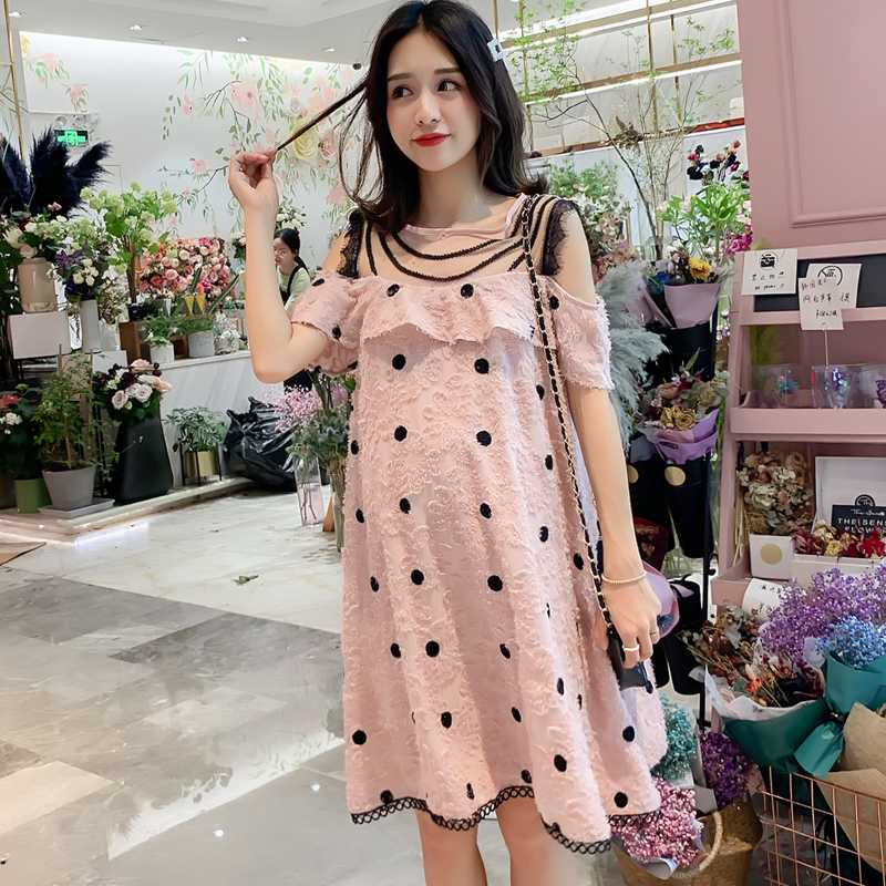 

575# Maternity Dress Summer Short Sleeve Easy Matching Loose Stylish Polka Dot Dress for Pregnant Women Mom, Pink