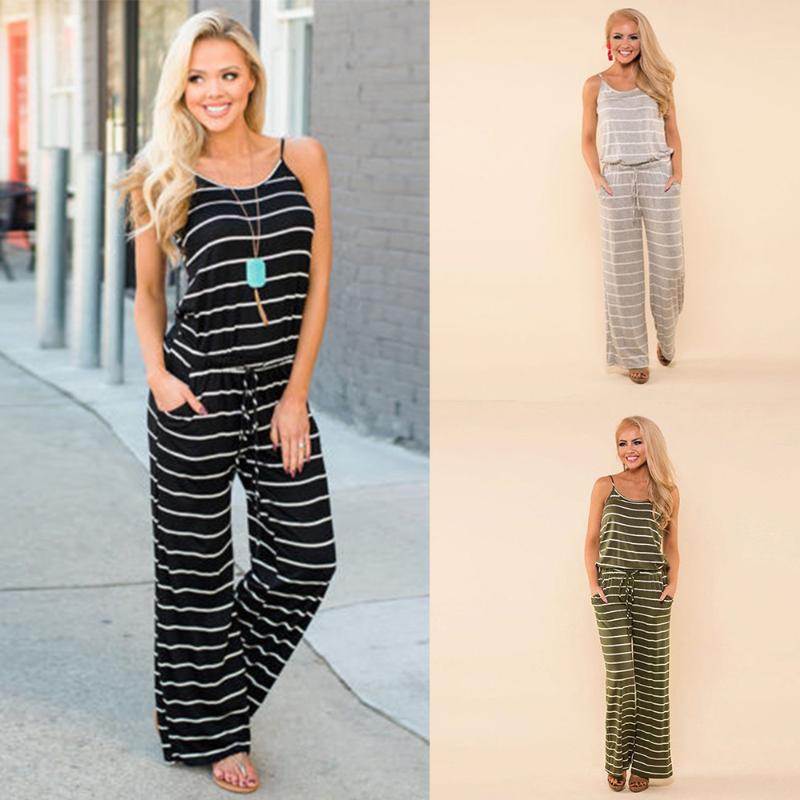 

Women's Summer Strappy Playsuit Ladies Striped Cami Baggy Jumpsuit Trousers Long Jumpsuit Casual Wide Leg Playsuit Romper 10-18, Black