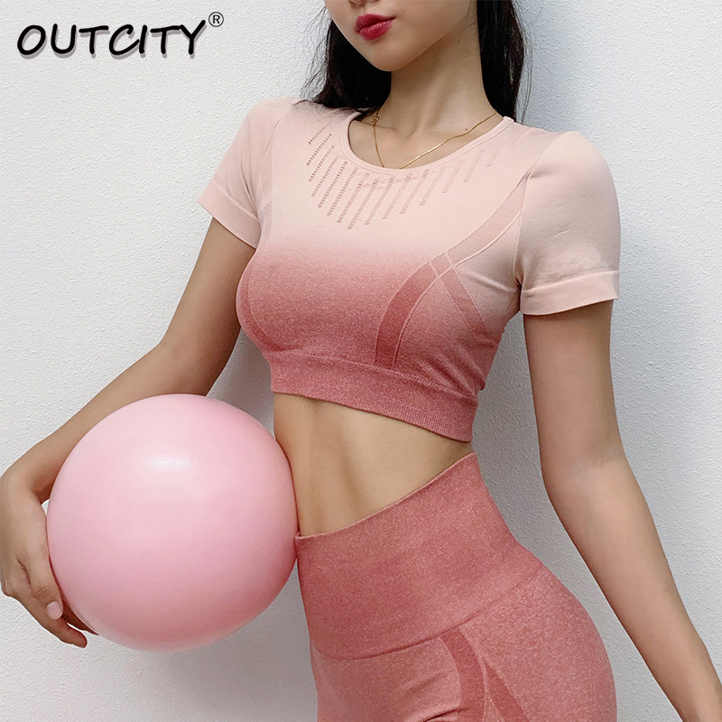 

Seamless 2Pcs Yoga Set Top+Leggings High Waist Hollow Sportswear Fitness Gym Clothes Gradient Yoga Suit Workout Sport Wear, Blue top