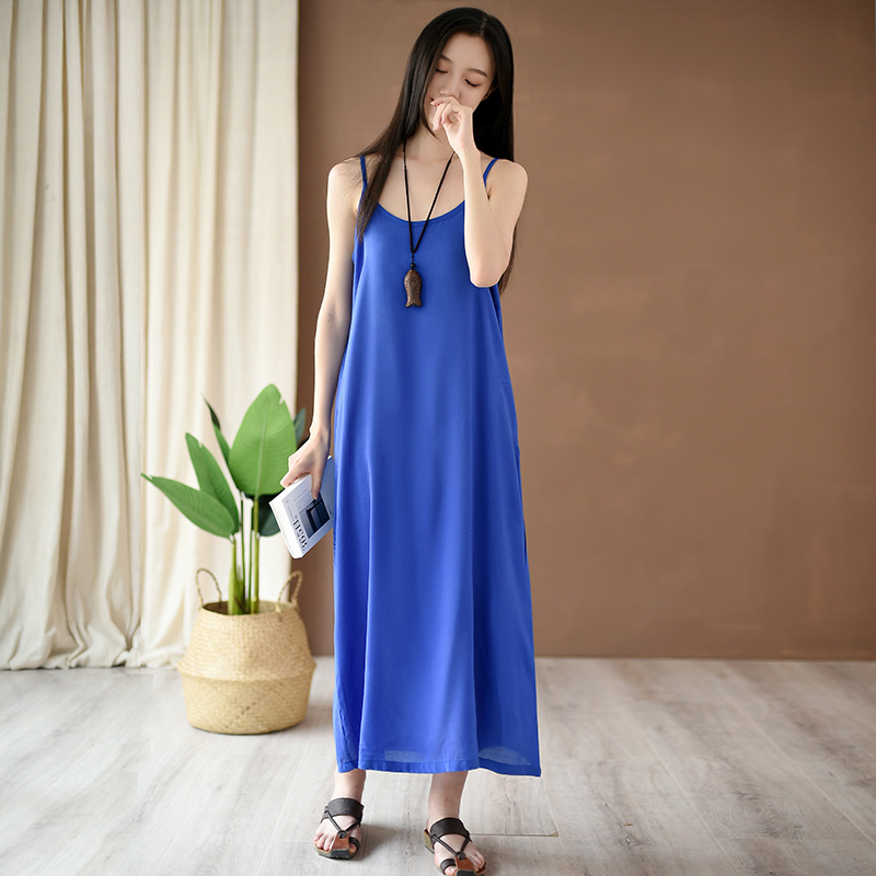 

Johnature 2020 Summer New 5 Color Women Sling Dress Solid Color Casual Cotton Soft Women Cloths Sleeveless A-Line Dress, Black