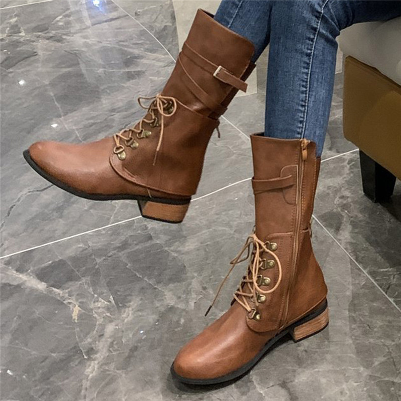 

Winter Rome Women Boots PU Leather Lace Up 2020 New Zippers Female Casual Low Heels Solid Color Warm Shoes, Black