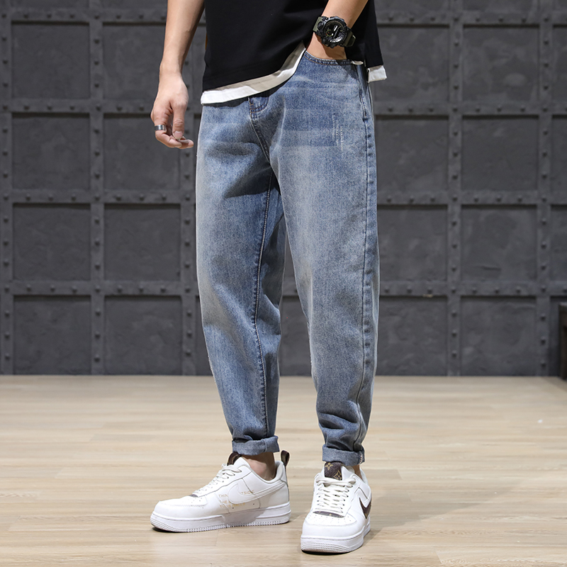 

Fashion Streetwear Men Jeans Loose Fit Blue Scratch Ripped Denim Harem Pants Korean Style Hip Hop Jeans Men Wide Leg Trousers, Dark blue