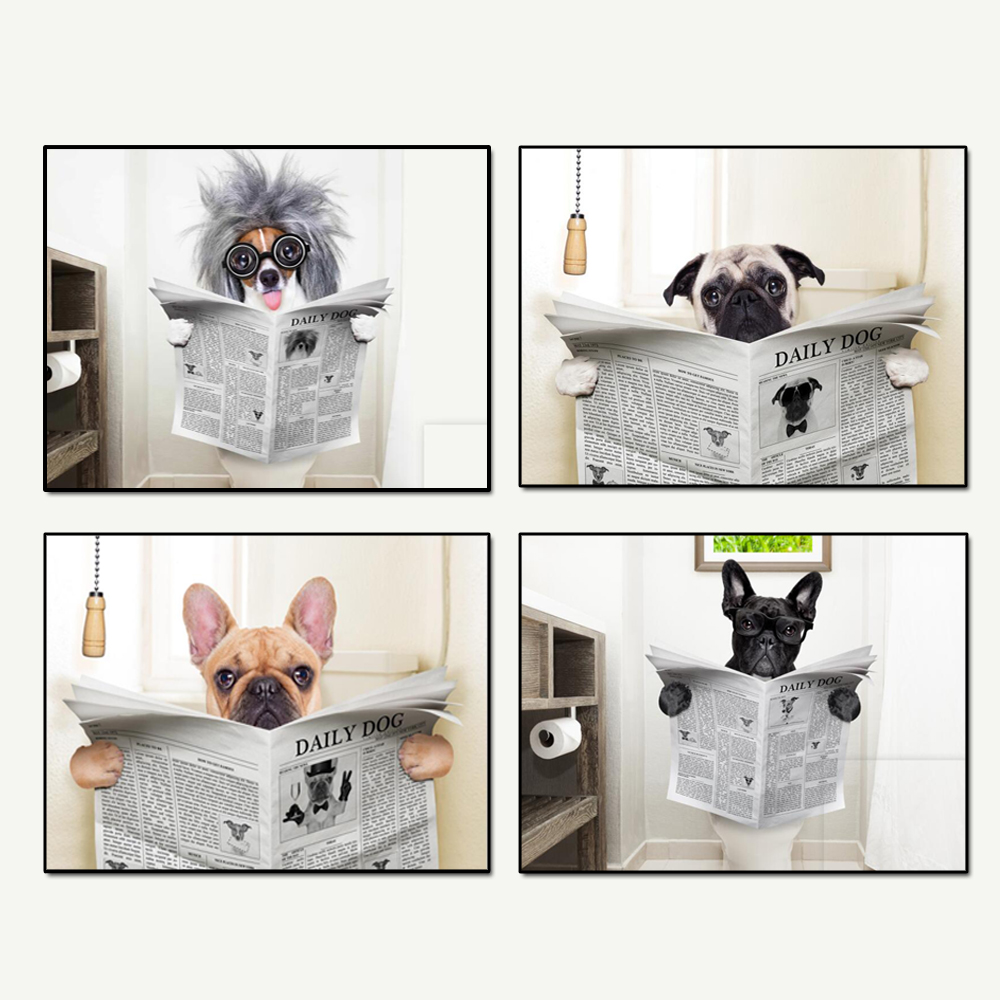 Animal Posters Dog Reading Newspaper Canvas Painting Wall Art Funny Dog Toilet Art Prints For Bathroom Wall Pictures Decoration-image-561549018