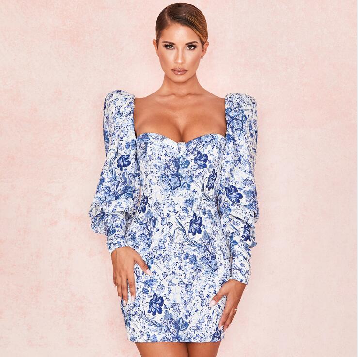 

Newest Women Vestidos Dresses Elegant Evening 2020 Sexy Party Dresses Vintage Slash Neck Casual Club Dress Puff Sleeve For Women, Blue