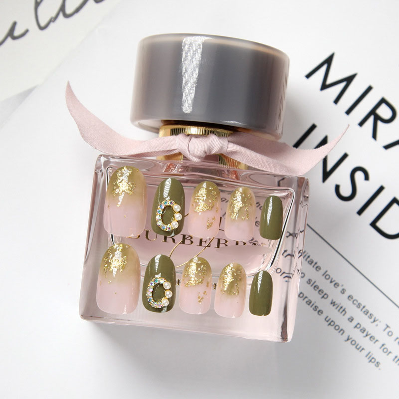 

24pcs/set Green Color press on nails short Oval Gold Foil Artificial Nail Tips Bright Faux Full Cover False Nails with Glue, As show