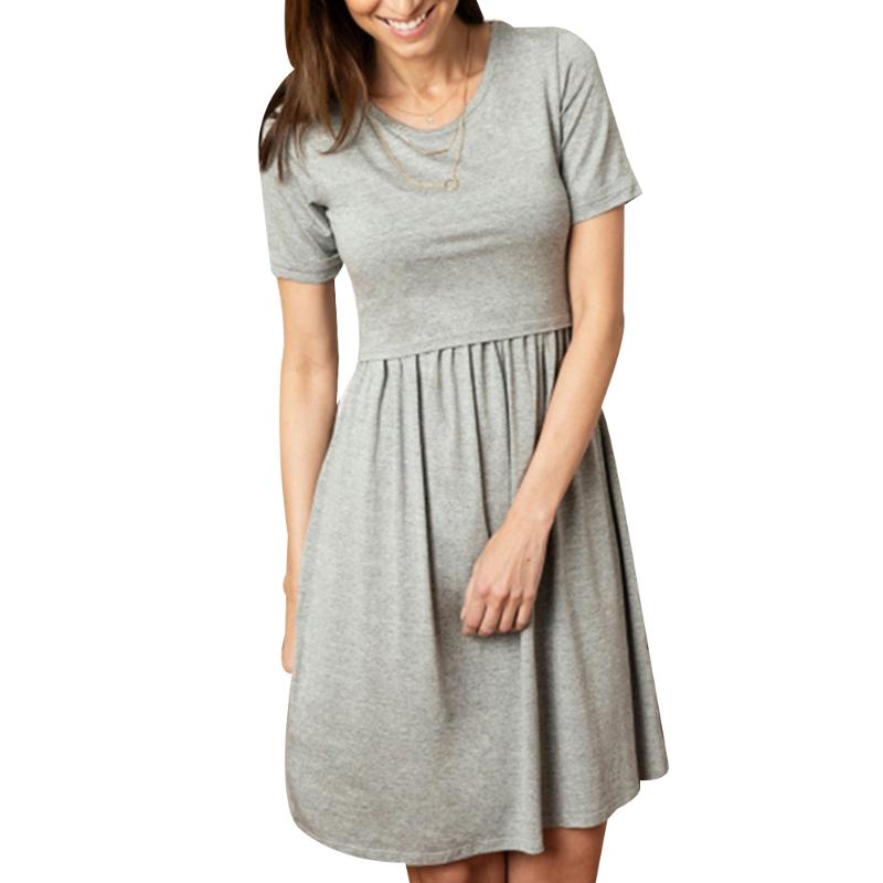 

Pregnant Women Summer Casual Maternity Dress Female Fashion Round Neck Soild Color Short Sleeve A-line Breastfeeding Dress D30, Blue