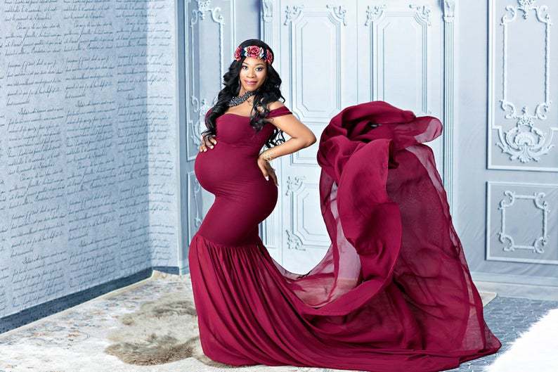 

Thin sand Maternity dresses photography props Pregnancy Chiffon Maternity Shoulder Half pink red shooting photo pregnant dress