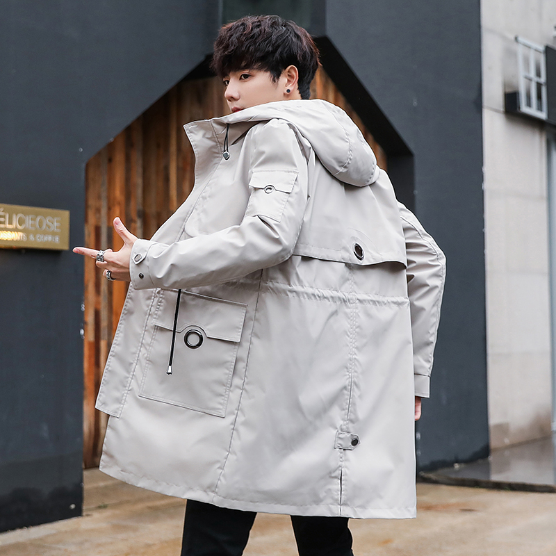 

men New autumn arrival high quality hooded trench coat men's casual Long jackets Classic Windbreaker Elegant, Beige