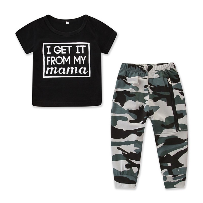

Summer Boy Clothes Set Baby Letter Printing Short Sleeve Top And Camouflage Trousers Kit Kid Two-piece Outfit Set Boys Casual, Green