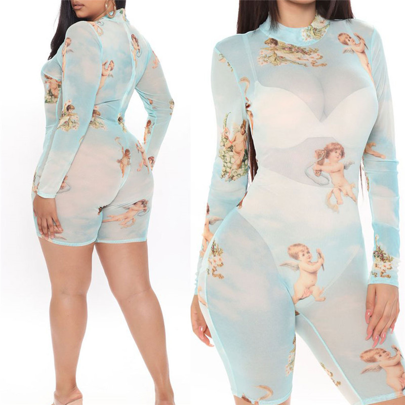 

2020 women' jumpsuits printed long-sleeved one-piece deep V nightclub jumpsuits, As pic