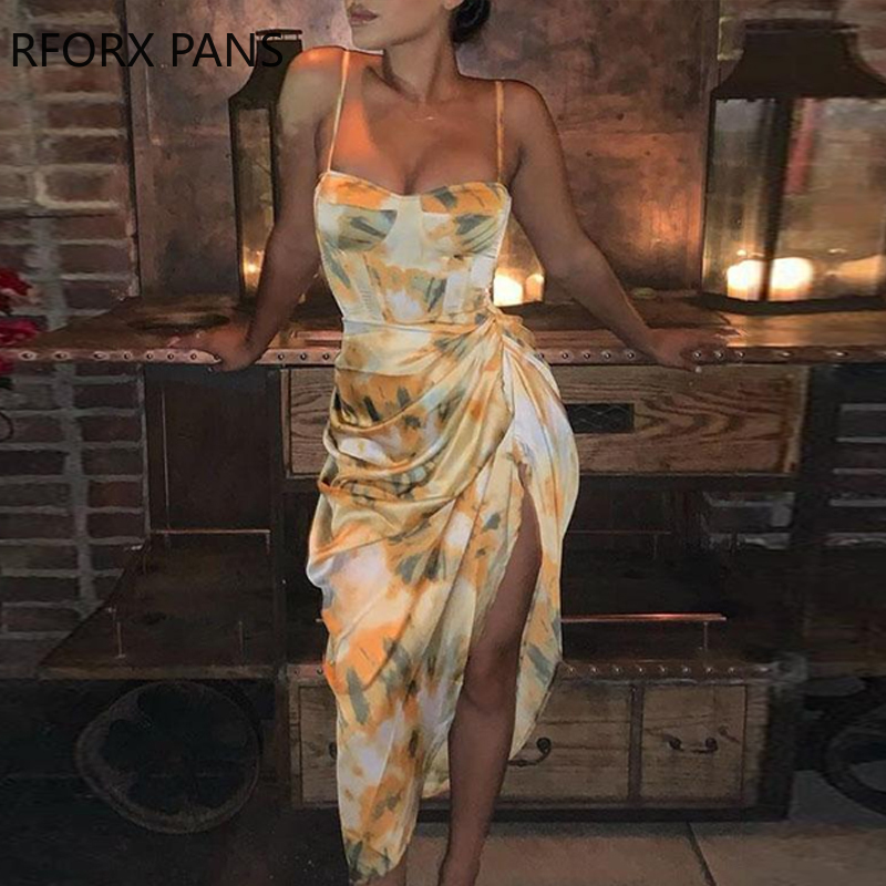 

Abstract Print Spaghetti Strap High Slit Ruched Dress, Yellow