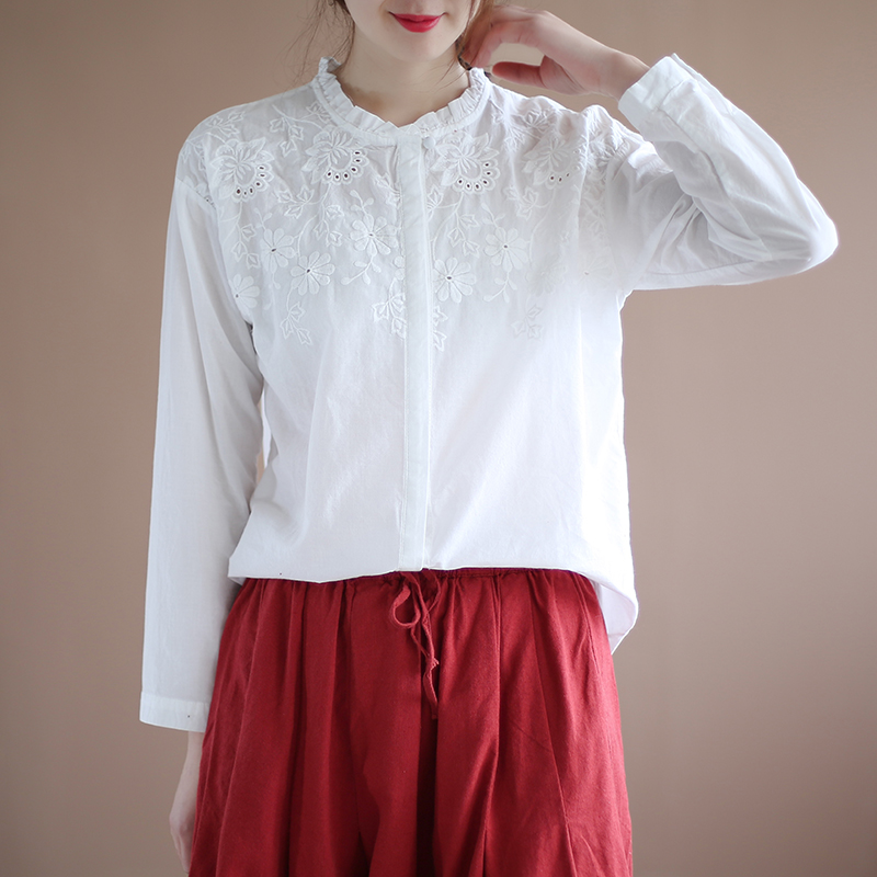 

Shoulder full flowers embroidery ruffled collar long sleeve romantic shirt blouse women, Pink