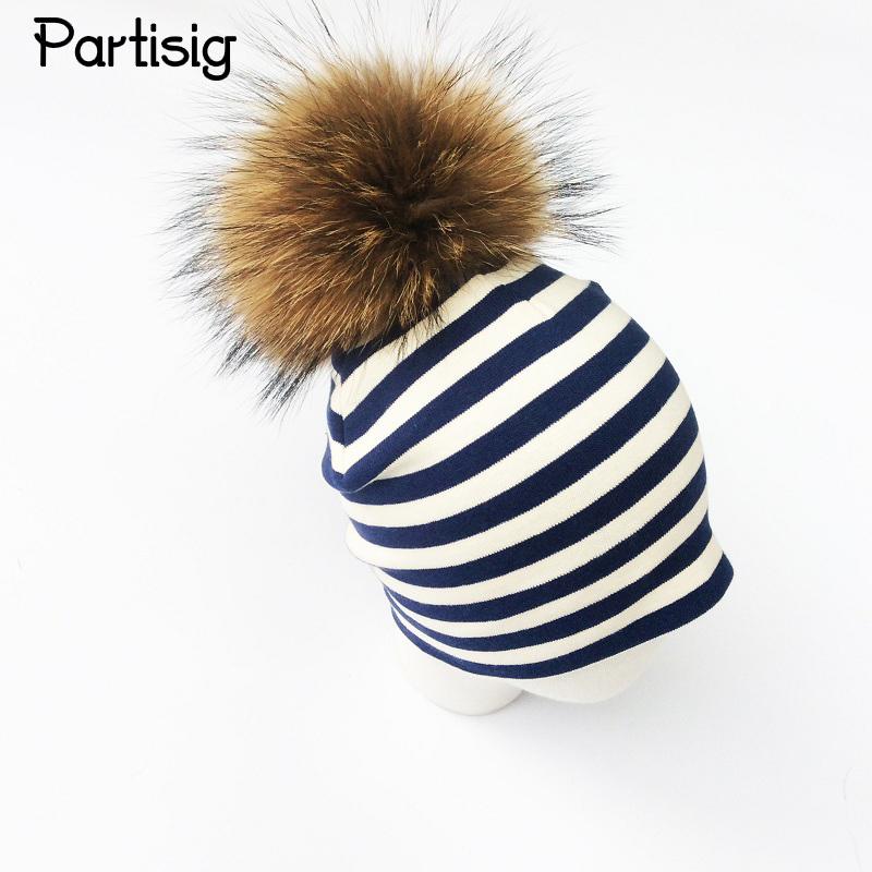 

Fashion Baby Hat Striped Raccoon Fur Ball Cap For Boys And Girls 15cm Pompom Autumn Winter Children's Hats Caps, Black